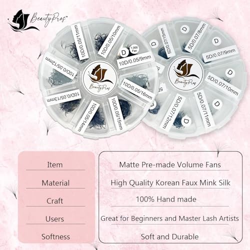 BeautyPros 5D Premade Volume Lash Extension Kit- 5D Mixed Tray 1000 Premade Fans Eyelash Extensions - Promade Lash Fans Pointed Handmade Premade - Loose Fans Thin Base (5D D-Curl 9-16mm)