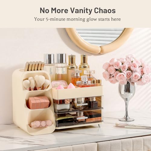 Aveniee Cream White Makeup Organizer with Drawers & Compartments, Vanity Storage for Cosmetics & Skincare