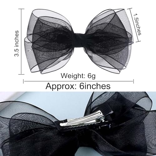 ZOLYCO Large Big 6 Inch Organza Double Hair Bow Clip Party Alligator Mesh Hair Accessories for Women Teens Girls Kids 2 Pcs (Black)