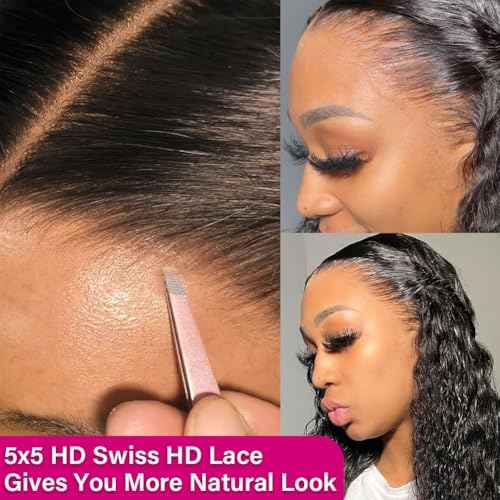 HD Lace Closure Deep Wave Human Hair 5x5 Closure HD Lace Curly Hair Closures for Black Women Pre Plucked 12A Virgin Hair Curly 16 Inch Wet and Wavy