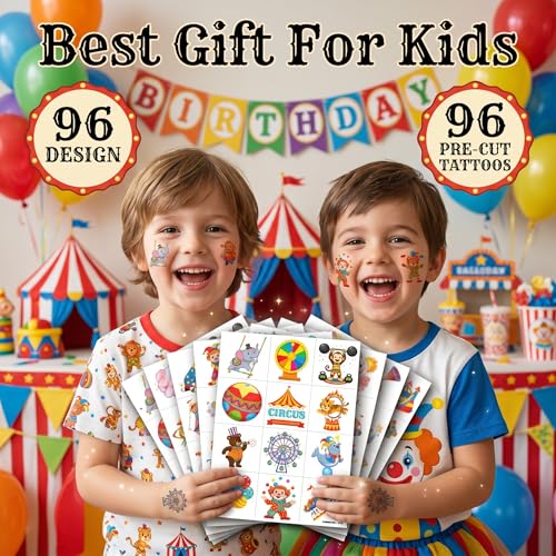 96 Carnival Temporary Tattoos for Kids - Colorful Fairground Designs