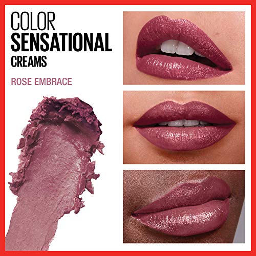 Maybelline Color Sensational Lipstick, Lip Makeup, Cream Finish, Hydrating Lipstick, Nude, Pink, Red, Plum Lip Color, Rose Embrace, 0.15 oz; (Packaging May Vary)