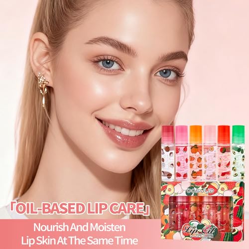 6 Pcs Hydrating Lip Gloss Oil Set - Fruit Flavored Nourishing Lip Oil