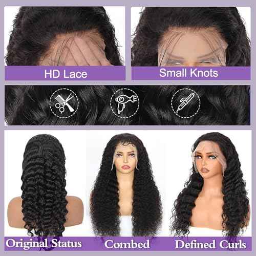 30 Inch 13x6 Deep Wave Lace Front Wigs Human Hair True 200 Density Pre Plucked Deep Wave Wig Human Hair 12A Glueless Wet and Wavy Curly Lace Frontal Wigs For Women Natural Black Color