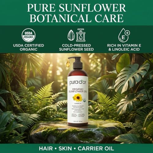 PURA D'OR Organic Sunflower Seed Oil 16 oz - Cold Pressed
