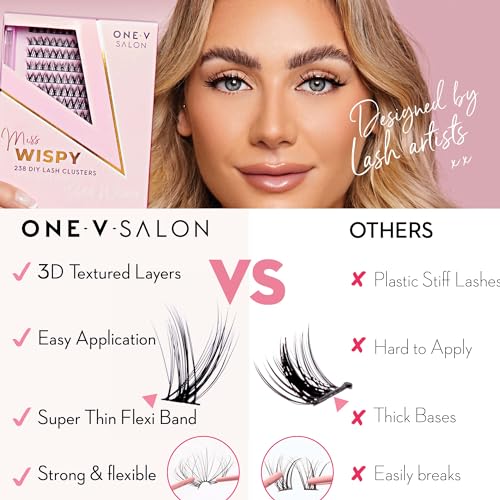 One V Salon Lash Clusters, Miss Wispy 238 Pc, 10-18mm Luxe Lash Petite Wisp Fluffy 3D Eyelash Clusters & Miss Wispy Lash Bond & Seal, 2-in-1 Super-Strong Bond & Seal Lash Glue