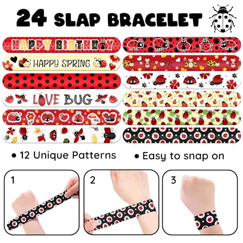 Ladybug Party Favors Set - 60 Pieces with Slap Bracelets & Tattoos
