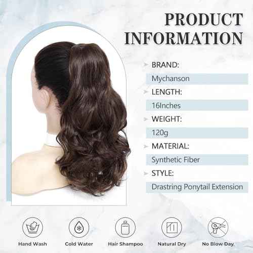 Drawstring Ponytail Extension 16 Inches Wavy Curly Ponytail Hair Extensions Synthetic Drawstring Pony Tails Hair Extensions for Daily Use(Mixed Brown)