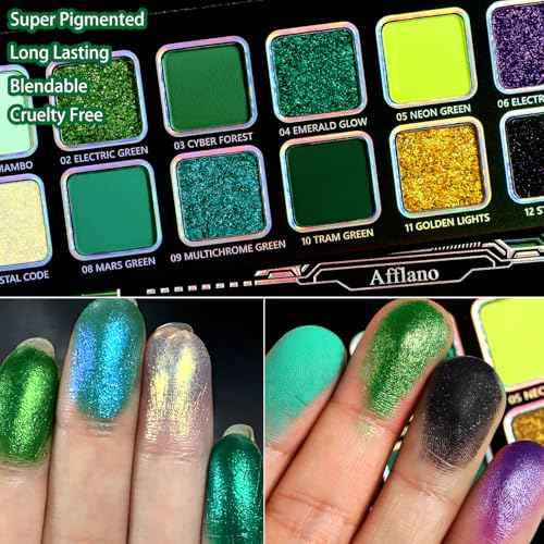 Afflano Multichrome Green Eyeshadow Palette, Color-Shifting Green Glitter Eyeshadow Pallet, Matte Chrome Eye Shadow Dark Forest green Makeup for Women Smokey Blue Brown Eyes Cosplay Party Daily Use