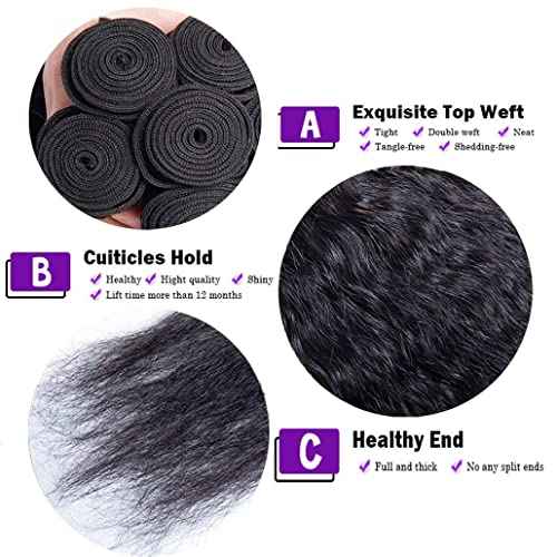Human Hair 3 Bundles With Closure 10A Brazilian Virgin Hair Short Weave with 4x4 Middle Part Half Hand Tied Lace Closure Natural Color (kinky straight, 121212+10)