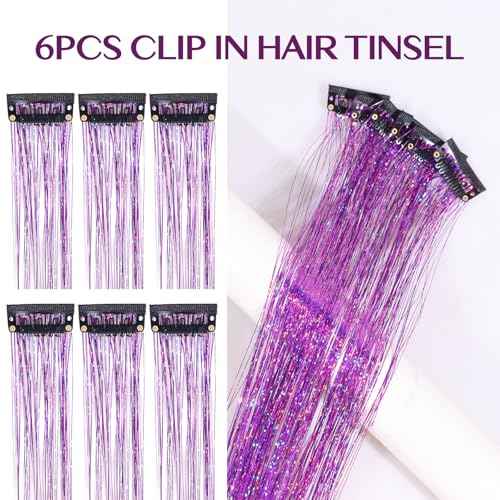 IDN BEAUTY Hair Tinsel Clip in, 6pcs Purple Sparkling Tinsel Hair Extensions 3s Wear and Go for Party Daily Travel Birthday, 24Inch Hair Accessories for Girls Women Kids