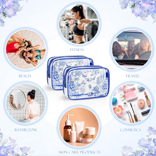 Set of 10 Clear Floral Cosmetic Bags PVC Makeup Bags Waterproof Travel Organizer Toiletry Pouches for Wedding Birthday Baby Shower Party Ideal Gift for Women Nurse Bridesmaid(Blue)