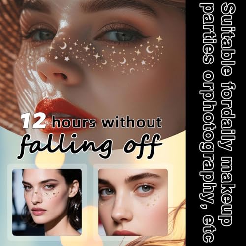Glitter Freckles Face Tattoo-Waterproof Gold Face Fake Makeup Patches for Women Kids-Stars Moon Butterfly Spots-Temporary Sparkle Beauty, Concert,Carnival Party Cosmetic Glitter Accessories 6Pcs