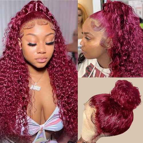 Burgundy Wig Human Hair Hidden Strap 360 Lace Front Wigs Human Hair Deep Wave Invisible Strap Pre Plucked Bleached Knots Glueless Drawstring Curly Human Hair Wig for Women (22inch)