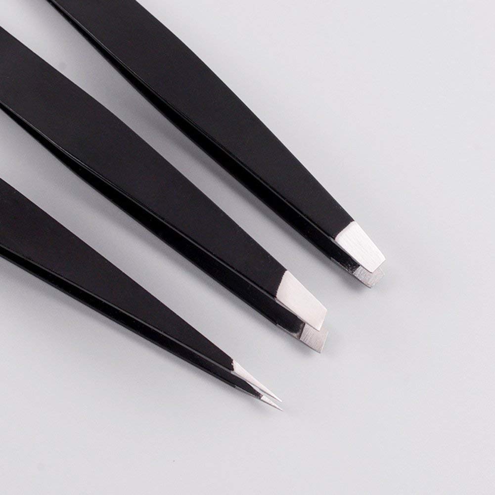 Ali's 3 Pieces Durable Stainless Steel Slant Pointed Flat-Tip Tweezer for Eyebrow Face Nose Hair Removal (Black)