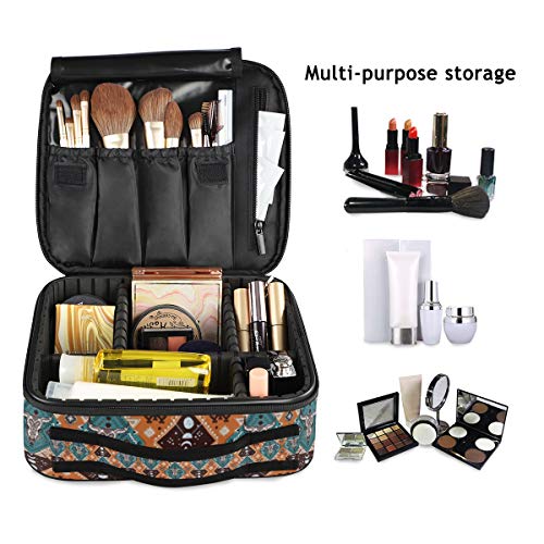 ALAZA Makeup Case Indian Tribal Aztec Ornament Geometric Pattern with Skulls Cosmetic Bag Organizer Travel Portable Storage Toiletry Bag Makeup Train Case with Adjustable Dividers for Women