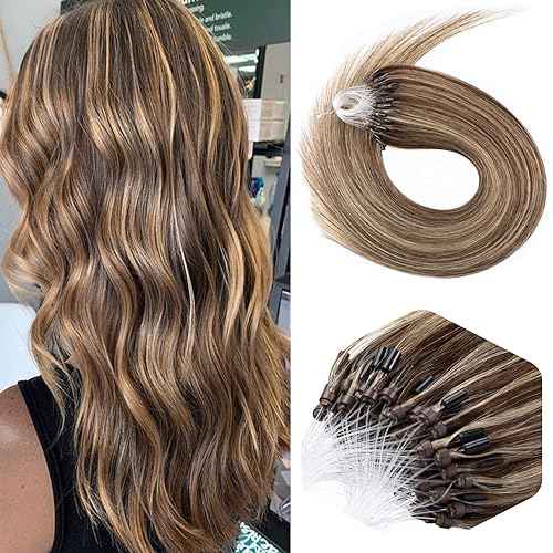 Micro Bead Hair Extensions Real Human Hair Brown Blonde Beaded Hair Extension 18 Inch Microlinks Extension Human Hair #4/613 Highlight Bead Hair Extensions 0.5g/s 50g