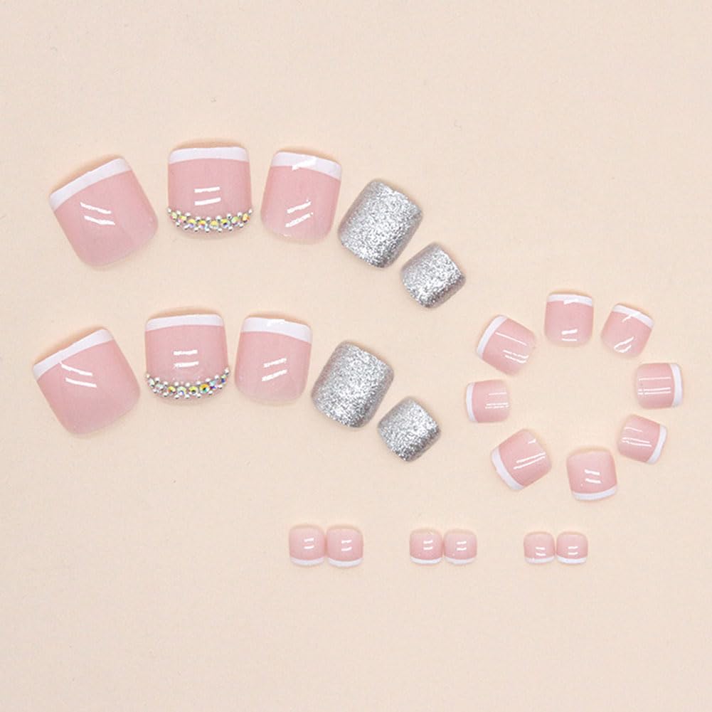 WAFOLOZE Press on Toenails Fake Toe Nails,Short Toe Nail Press ons,Glossy Toe Nails Press on Glitter&Rhinestones Design,Artificial Toenail Press on nails White French Tip Toe Nails for Women 24Pcs