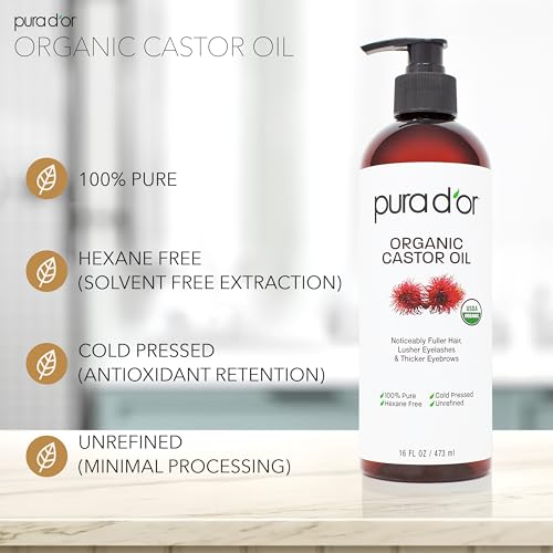 PURA D'OR Organic Castor Oil 16oz | Cold-Pressed, USDA Certified