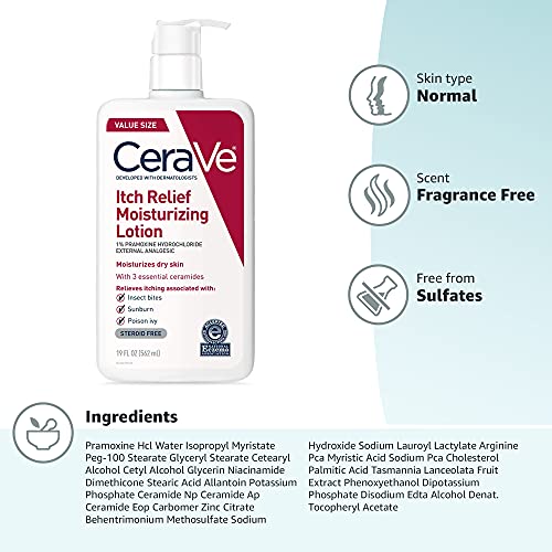 CeraVe Moisturizing Anti Itch Lotion with Pramoxine Hydrochloride | Relieves Itch with Minor Skin Irritations, Sunburn Relief, Bug Bites | 19 Ounce