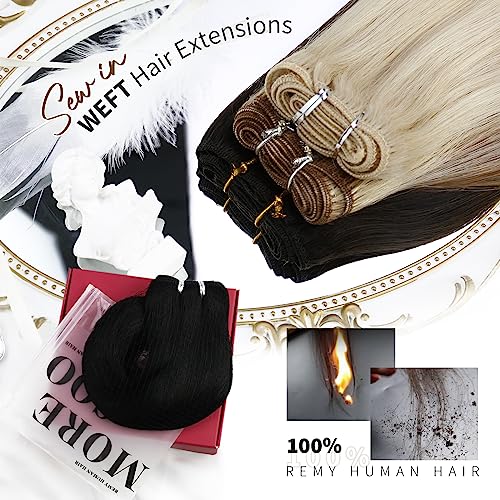 Moresoo Sew in Hair Extensions Real Human Hair Blonde Highlights Remy Weft Human Hair Extensions Medium Brown with Blonde Sew in Weft Hair Extensions Human Hair 18 Inch 100g