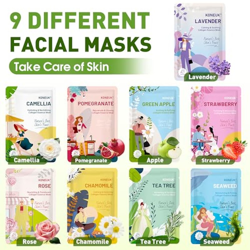 72 Pack Bulk Hydrating Face Masks Skincare, Collagen Sheet Face Mask for Dry, Oily Skin, Spa Gifts for Women Skin Care, Valentines Day Gifts for Her, Mothers Day Gifts, Teacher Gifts (9 Types x 8 Pcs)