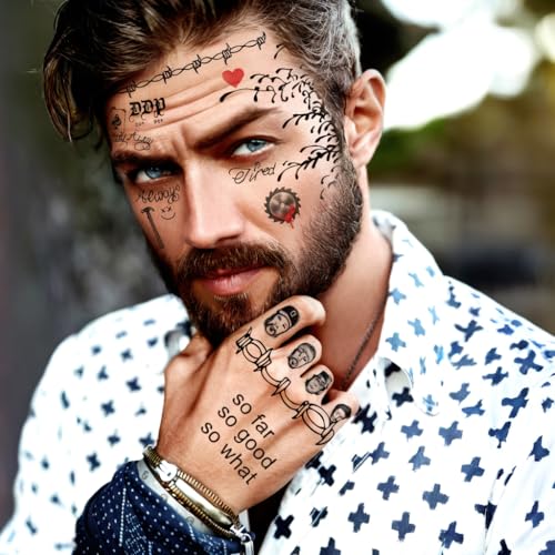 4 Sheets Cosplay Rapper-Inspired Temporary Tattoos ? Face Tattoo Stickers for Men, Women and Kids ? Hip-Hop Style Fake Tattoos for Cosplay, Halloween, and Parties