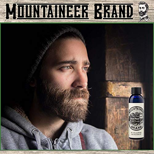 Mountaineer Brand Beard Wash for Men | 100% Natural Beard Shampoo | Thick Cleaning Softening Lather for Hair and Skin | Hydrate and Detangle | Grooming Treatment | WV Timber Scent 4oz