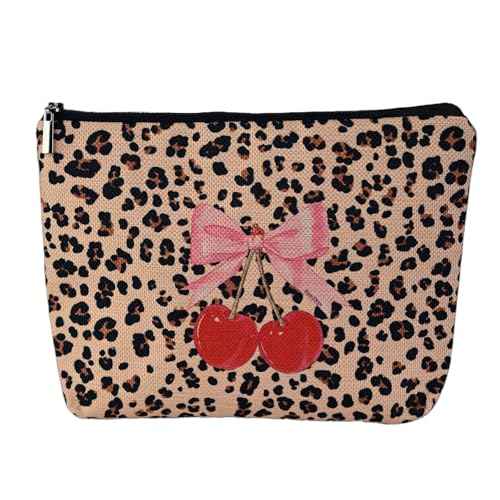 Leopard Print Cherry Makeup Bag,Cosmetic Bag for Women, Large Capacity Toiletry Bag,Zipper Pouch, Travel Accessories Storage with Lining