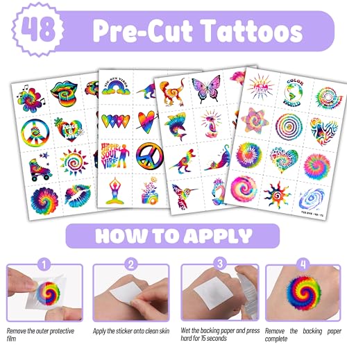 Tie Dye Party Favor Set - 48 Temporary Tattoos & 24 Slap Bracelets