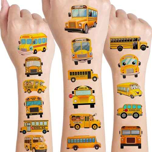 12 Sheets Temporary Tattoos for Kids, School Bus Birthday Party Supplies Decorations Transportation Stickers Cute Fake Tattoos Party Favors for Children Toddler School Classroom Reward