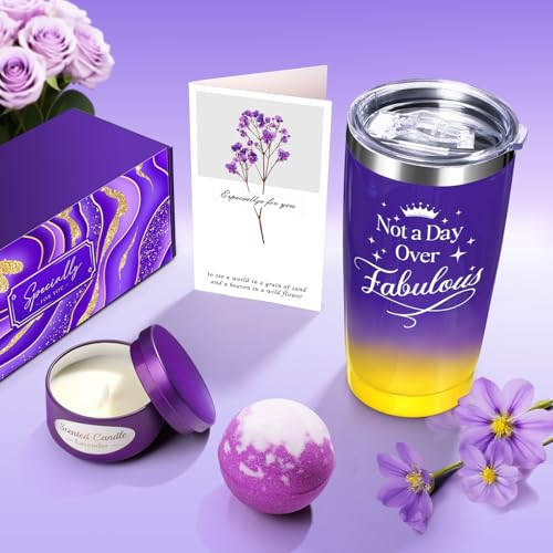 Purple Spa Gift Basket Set for Women with Candle & Bath Bomb