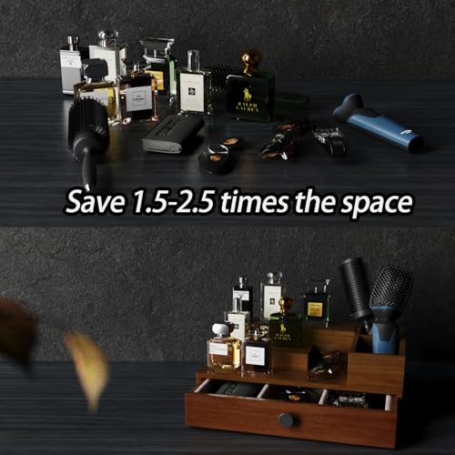 Pine Wood Cologne Stand Organizer for Men, 3 Tier Cologne Display Shelf Organizer with Hidden Compartment and Velvet Lining Drawer, Perfume Display Holder (Brown, 01)