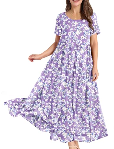 YESNO Women Casual Loose Bohemian Floral Dress with Pockets Short Sleeve Long Maxi Summer Beach Swing Dress S EJF CR345