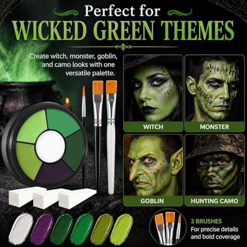 Green Cream Face & Body Paint Kit with Brushes & Sponges