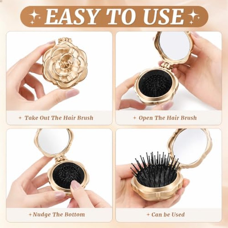 12 Pcs Mini Hair Brush Set with Mirror – Champagne Gold Compact