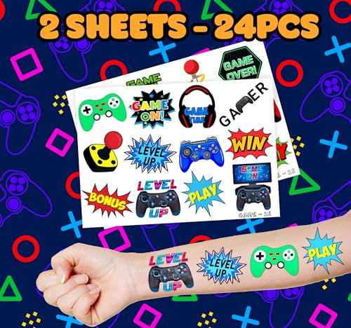 Video Game Party Favors Set - 24 Tattoos & 12 Stamps
