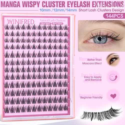 Winifred Fairy Lash Clusters Wispy Eyelash Clusters 10-14mm Cluster Eyelash Extensions Natural Invisible Clear Band Lashes Clusters Spiky Anime Lash Extension Natural Look Manga Individual Lashes