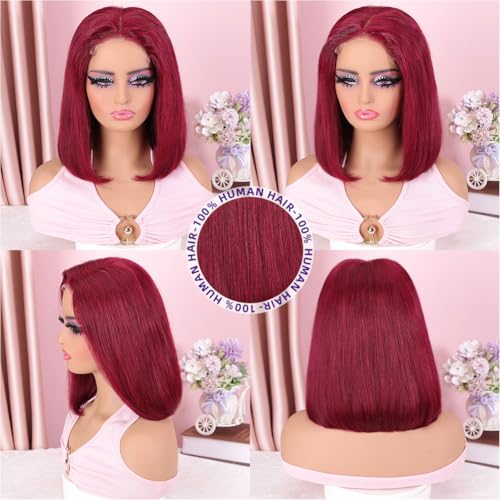 Burgundy Bob Wig Human Hair 5x5 HD Lace Closure Wigs Human Hair Glueless Straight Bob Wigs for Black Women Pre Plucked and Pre Bleached Knots Pre Cut Wear and Go 200 Density 12 Inch Short Wig