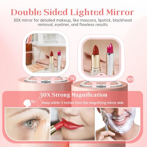 FASCINATE 3.5" Rechargeable Travel Makeup Mirror - 30X Magnification & LED Light