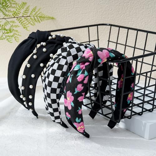 AWAYTR Pack of 4 Black Wide Knotted Headbands for Women - Casual & Dressy Styles