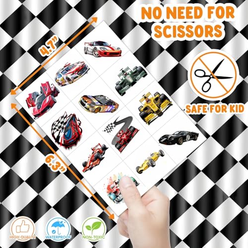 108 PCS Racing Car Pre-Cut Temporary Tattoos | Super Cute Racing Car Themed Birthday Party Favors, Supplies, Decorations, Fake Tattoo Stickers, School Rewards Prizes & Gifts for Boys & Girls