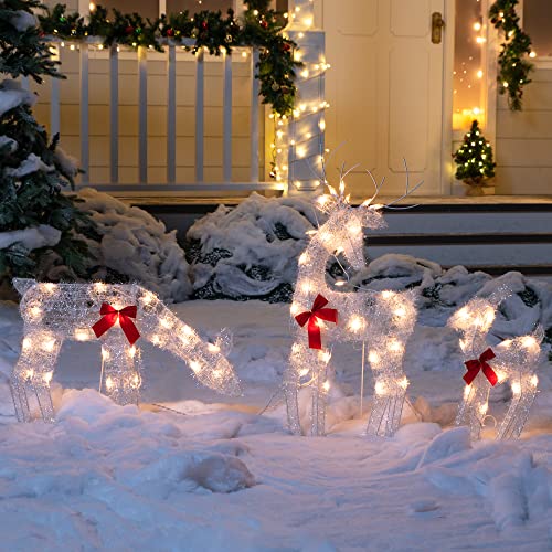 JOIEDOMI 3 Pcs 2D Christmas Reindeer Family Yard Light Decorations Warm White Lights with Metal Stakes for Indoor Outdoor Garden Holiday Décor, Christmas Eve Night Décor