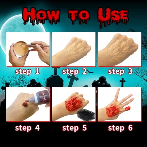 Halloween SFX Makeup Kit,6 Colors Bruise Wheel+30ml Dripping Washable Fake Blood+Liquid Latex+Scar Wax with Spatula+3 Pcs Sponge+Stipple Sponge,Face Fake Injury Special Effects Makeup Kit