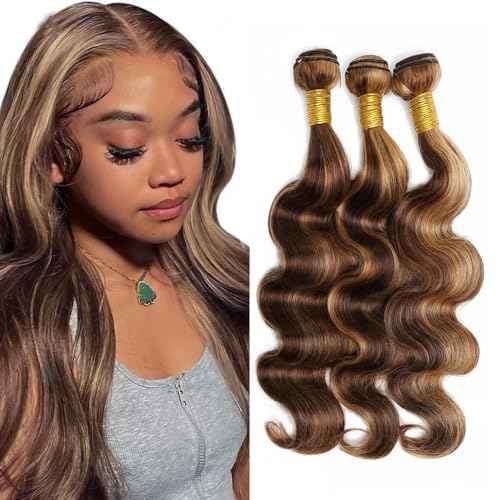 P4/27 Highlight Body Wave Ombre Honey Blonde Brazilian Human Hair Bundles 8 10 12 Inch 2 Tone Brown and Blonde Hair Wet and Wavy Bundles Brown Weft Hair Extensions for Black Women