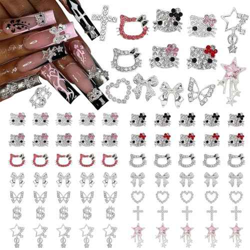 100 pcs 3D Sliver Nail Charms Y2K Cute Nail Charms Set with Kity, Butterfly, Bow, Star, Heart,Cross for Nail Art Decoration Y2K