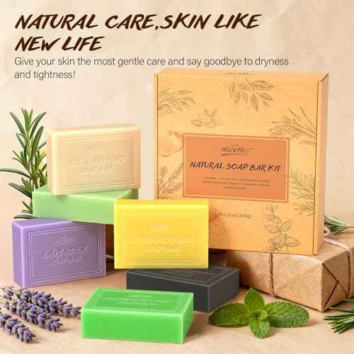 Natural Bar Soap Set for Men Women 6pcs Organic Soap with Plant Extracts for Body Face Hand Christmas Birthday Thanksgiving Mother's Day Gifts Tea Tree Almond Lemon Lavender Bamboo Charcoal Mint