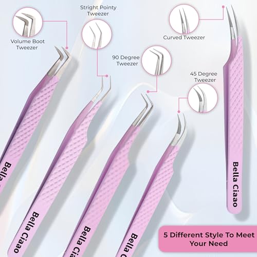Bella Ciaao Lash Tweezers Pack of 5 ? Eyelash Extension Tweezers Set for Professionals