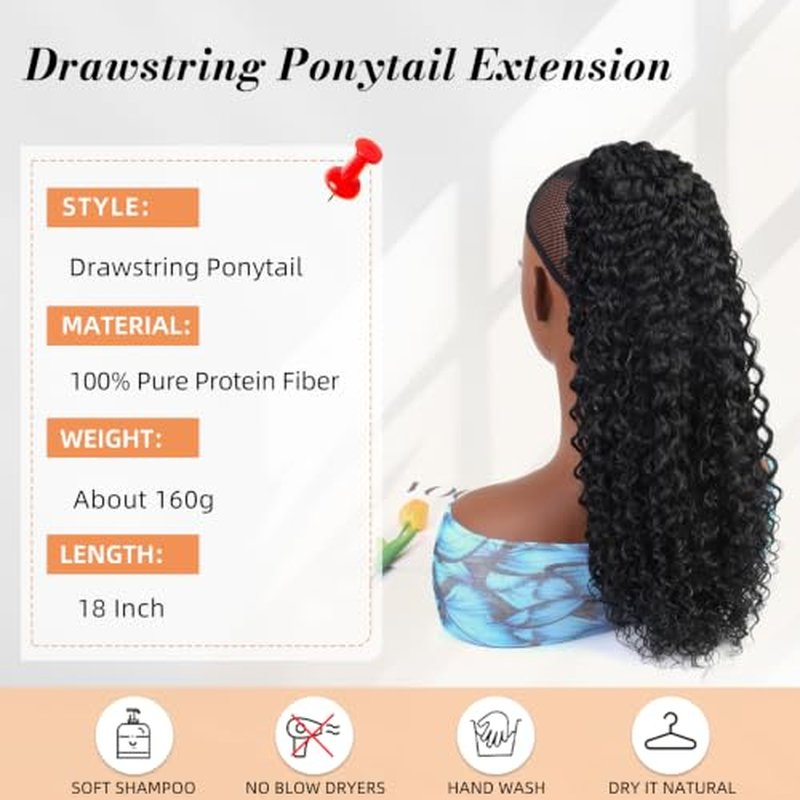 18" Drawstring Ponytail Extension Black Curly Synthetic Hair