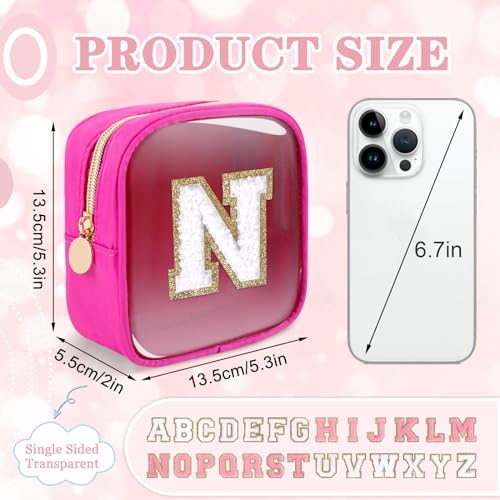 Mini Hot Pink Personalized Initial Makeup Bag - Clear Nylon Travel Cosmetic Pouch for Women & Girls